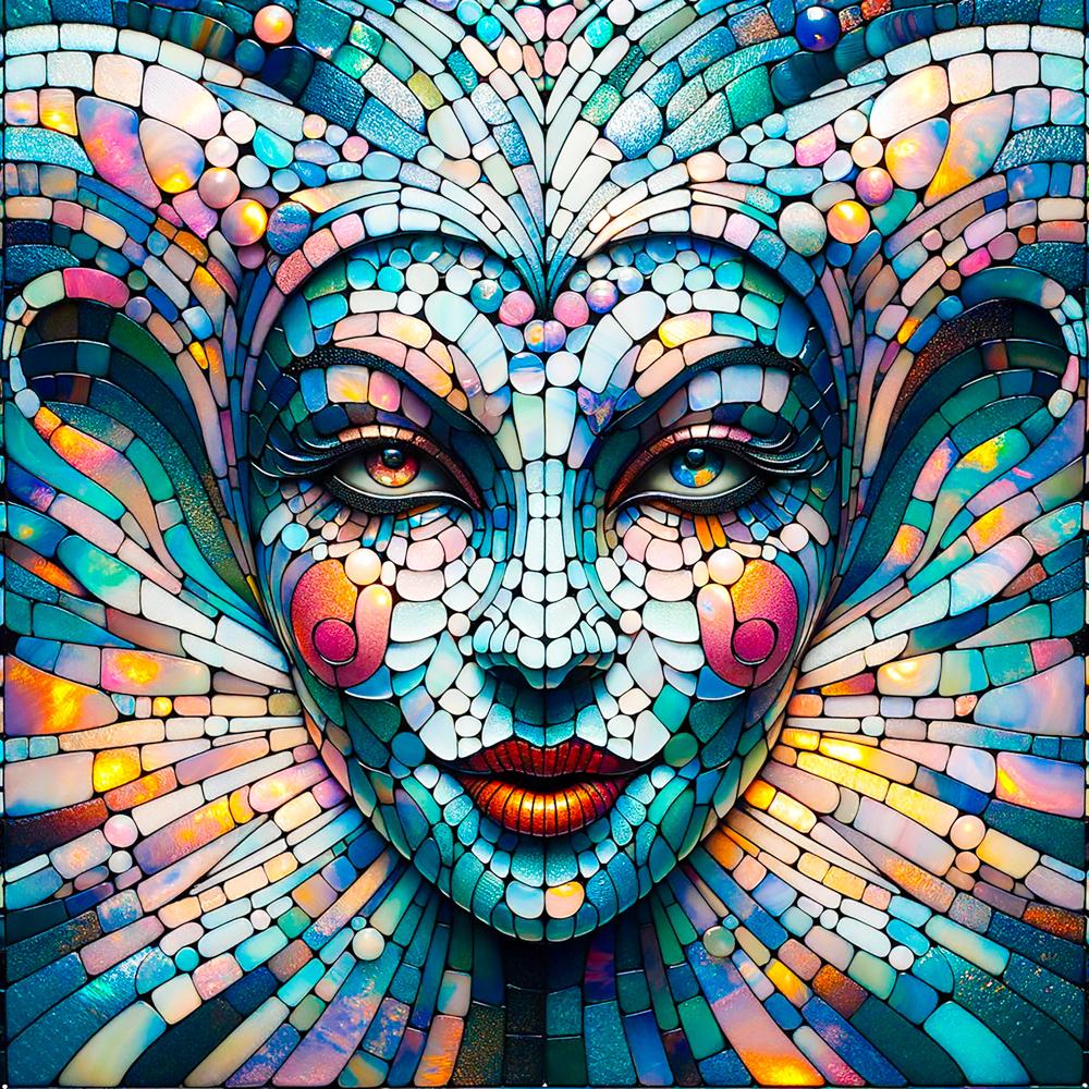 Symmetrical stained glass female face with floral-like hair design