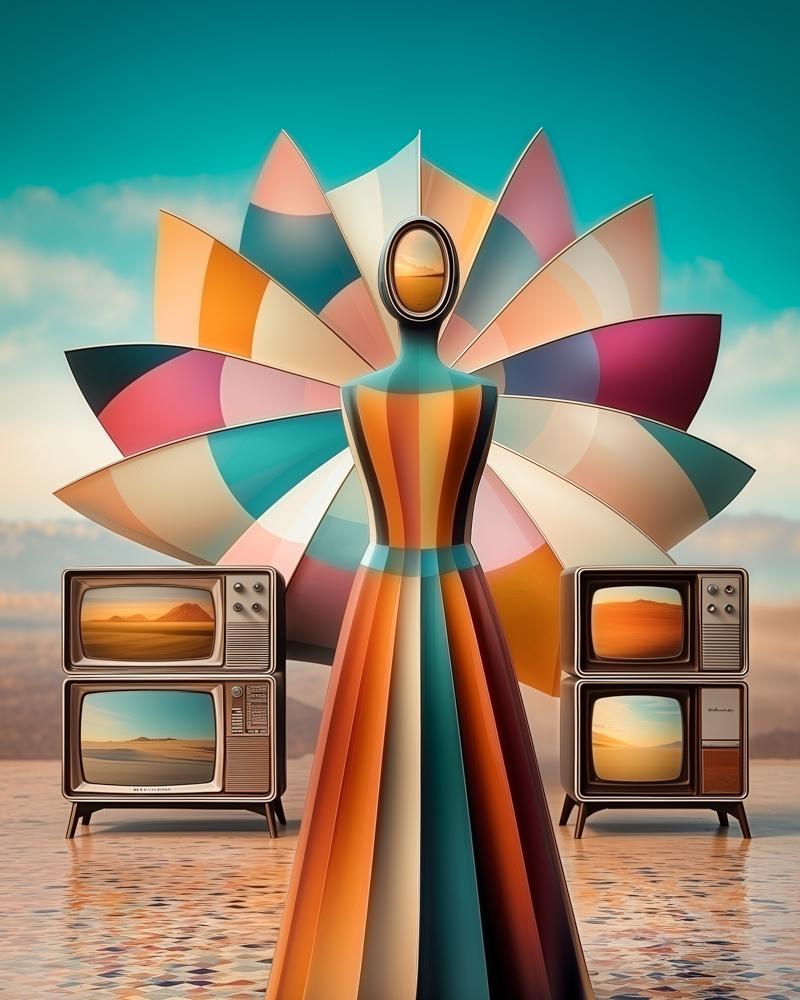 Abstract human figure with fan-shaped dress and retro TVs on either side