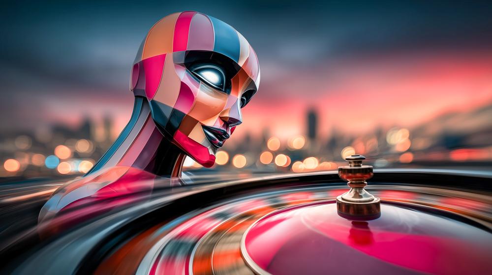 Chrome mannequin face near spinning roulette wheel with city lights backdrop