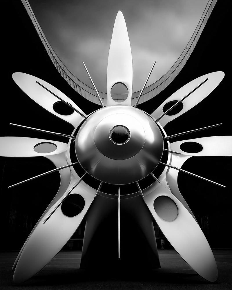 Airplane propeller from below, surrounded by dramatic sky and city buildings.