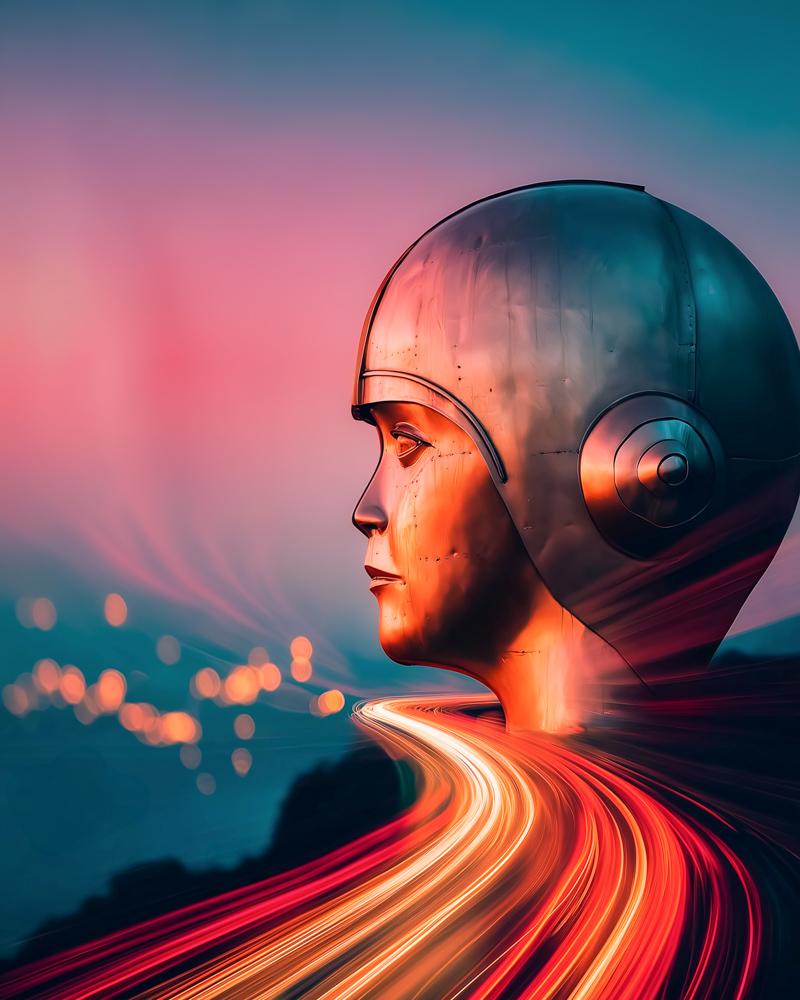 Futuristic female bust with helmet overlooking glowing road curves