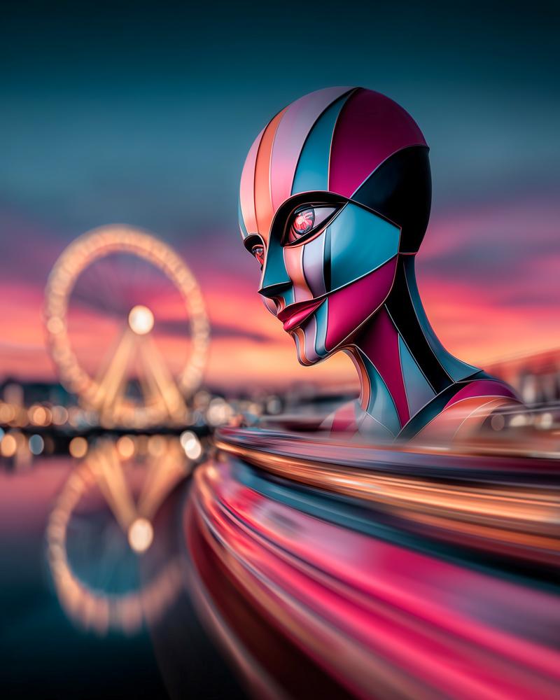 Stylized robotic figure with colorful head near ferris wheel and blurred lights