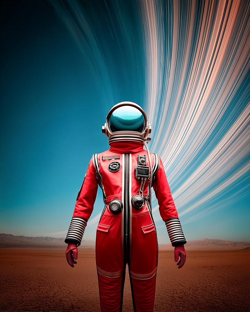 Astronaut from behind watching light rays burst into the atmosphere
