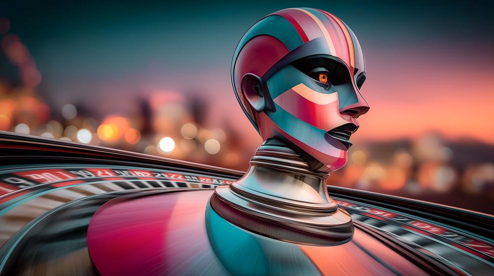 Futuristic mannequin with intense gaze and roulette wheel base at sunset