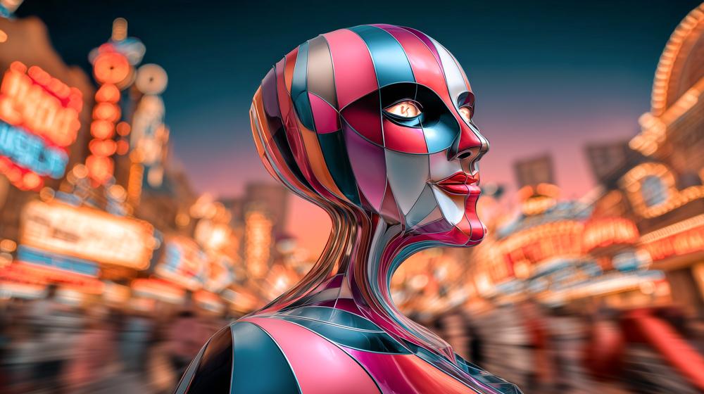 Female humanoid android head turned sideways with bright city carnival behind