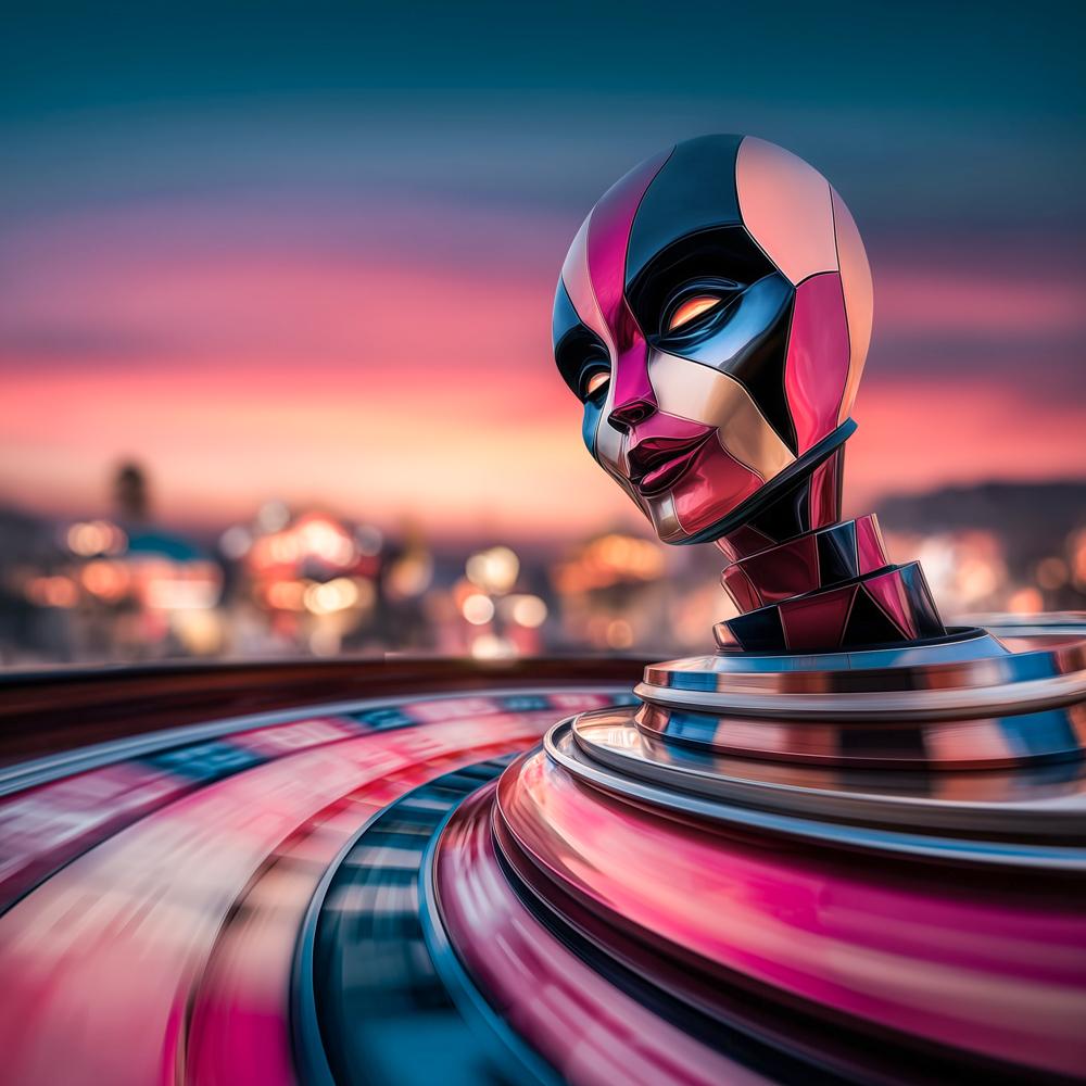 Glossy humanoid bust merging with spiraling track over glowing city skyline